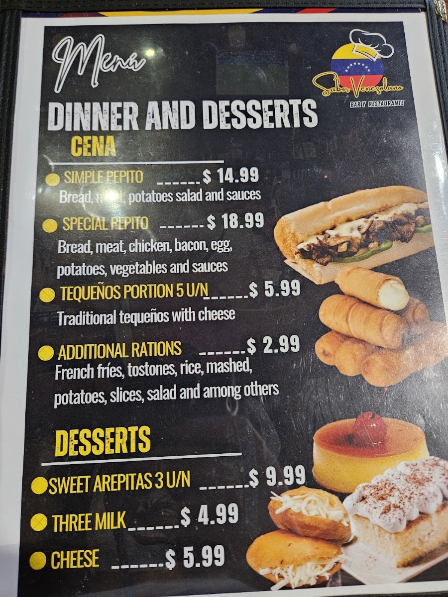 Sabor Venezolano Restaurant Bar menu board