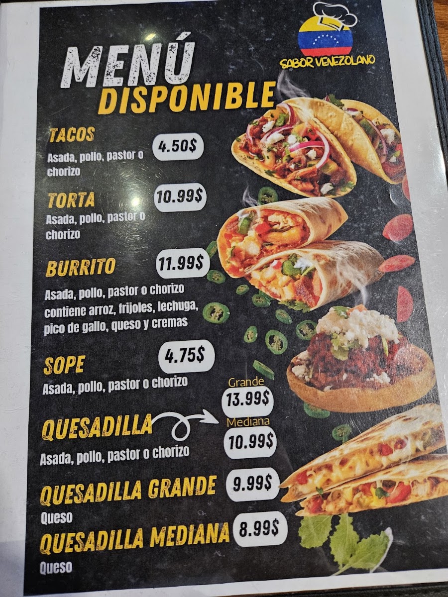 Sabor Venezolano Restaurant Bar menu board
