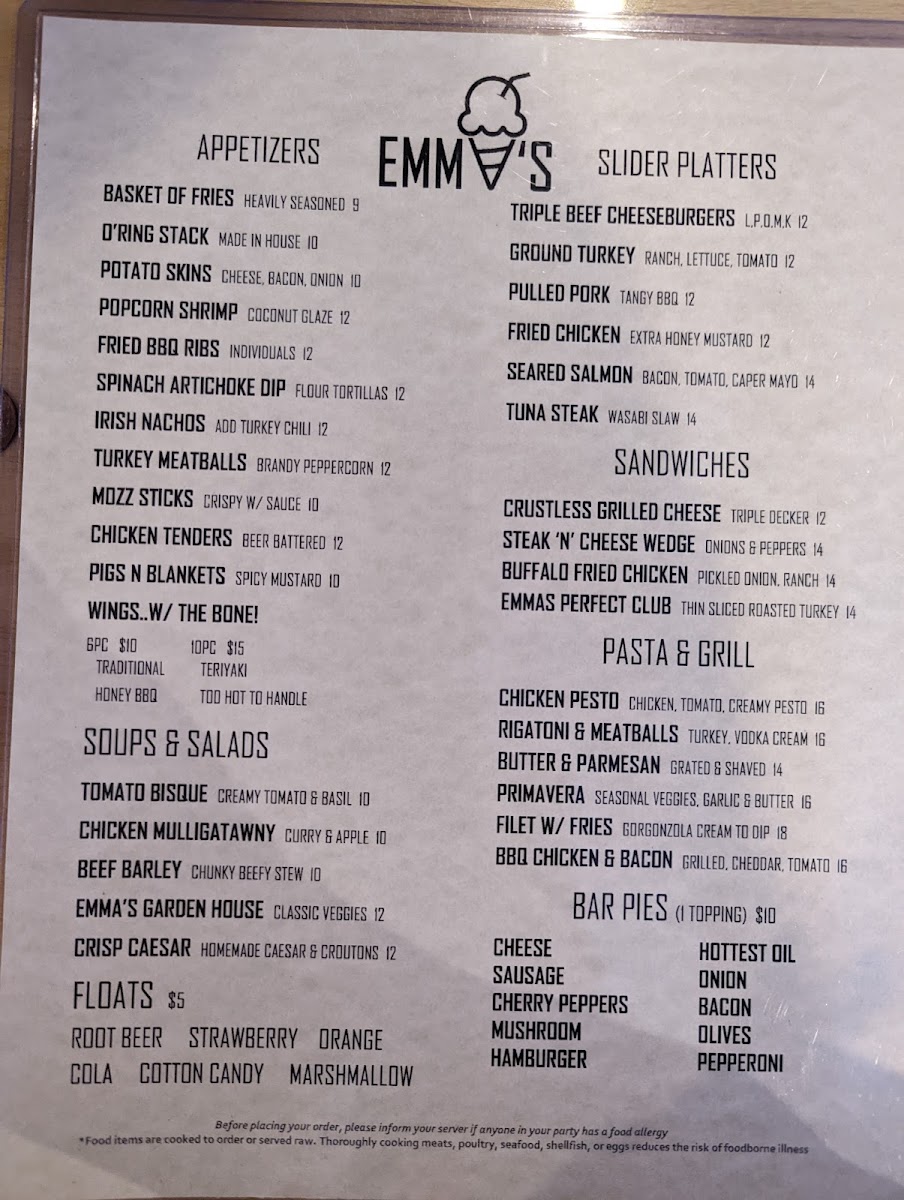 Emma's Restaurant menu board