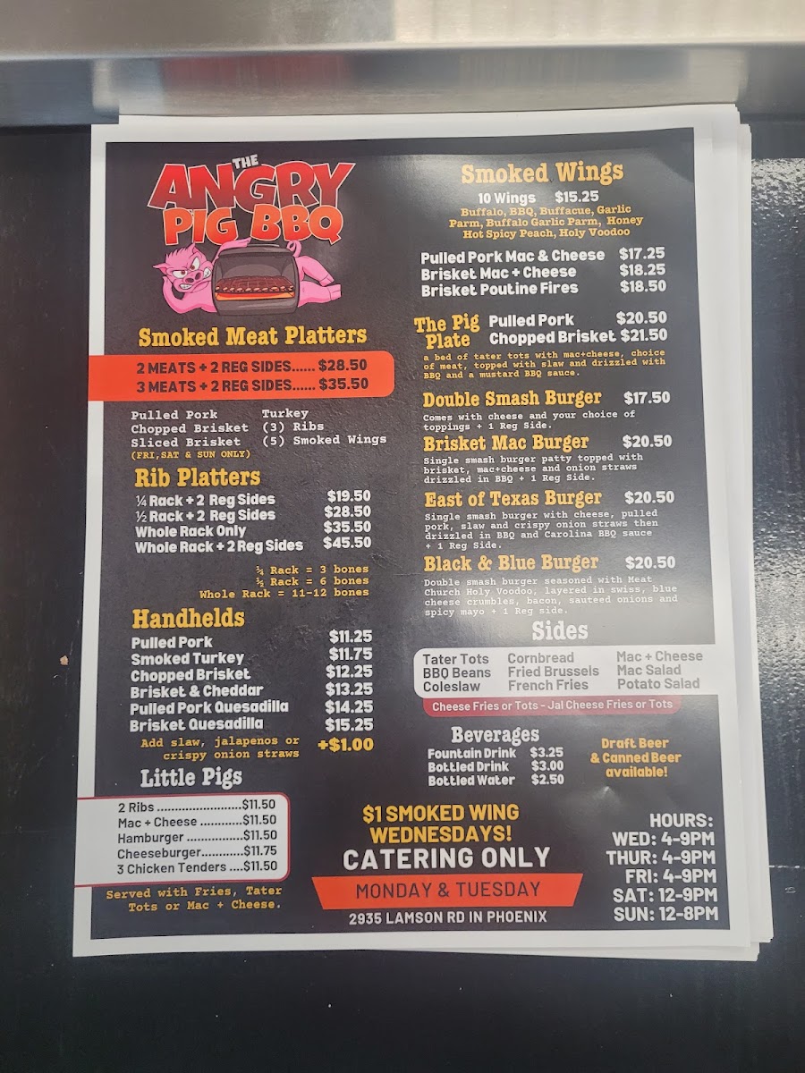 The Angry Pig BBQ menu board