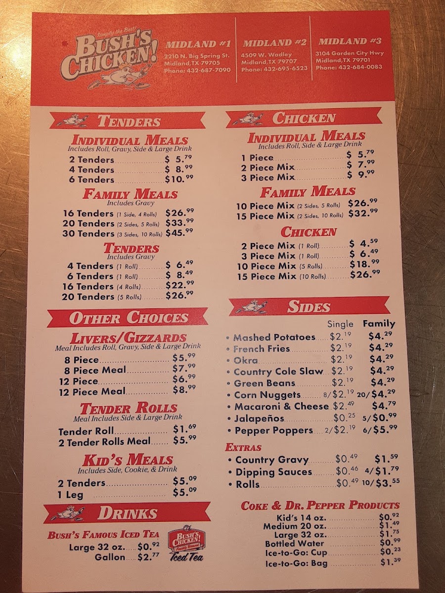 Bush’s Chicken menu board