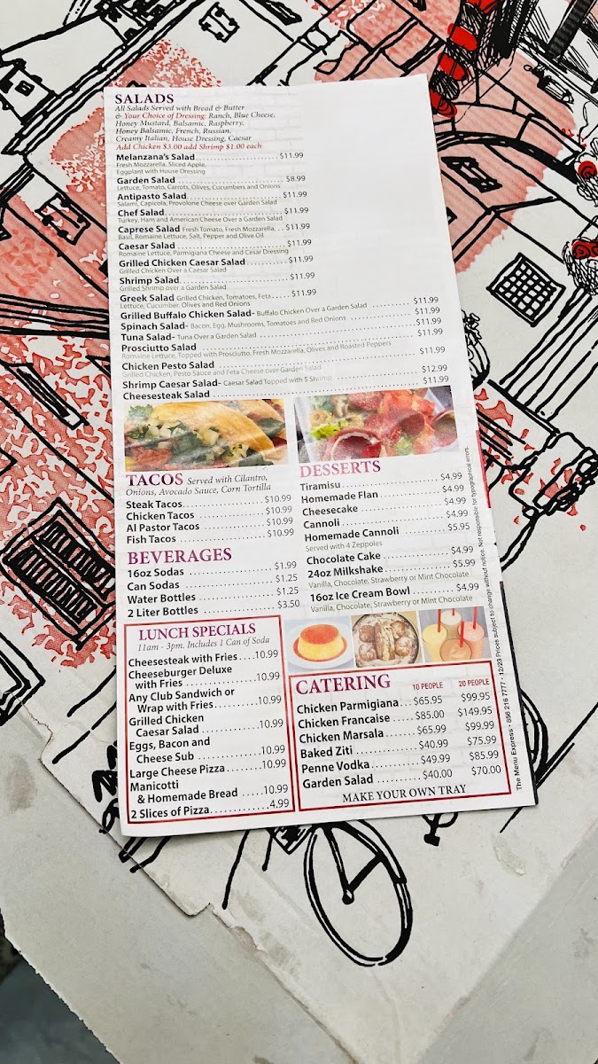 Melanzana Pizza menu board