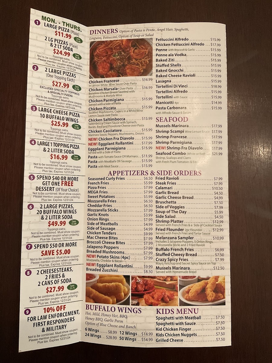 Melanzana Pizza menu board