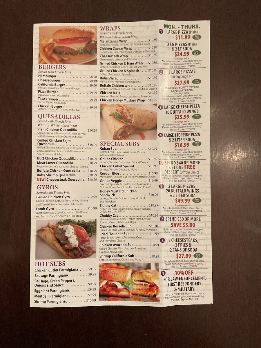 Melanzana Pizza menu board