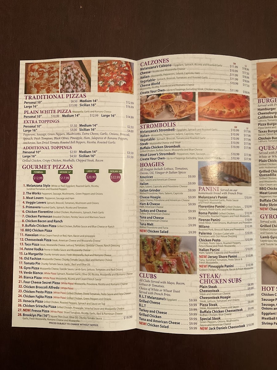 Melanzana Pizza menu board