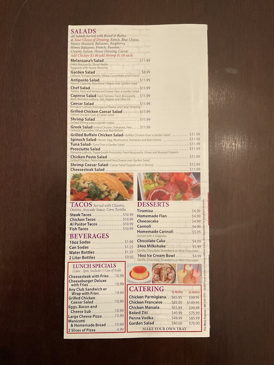 Melanzana Pizza menu board