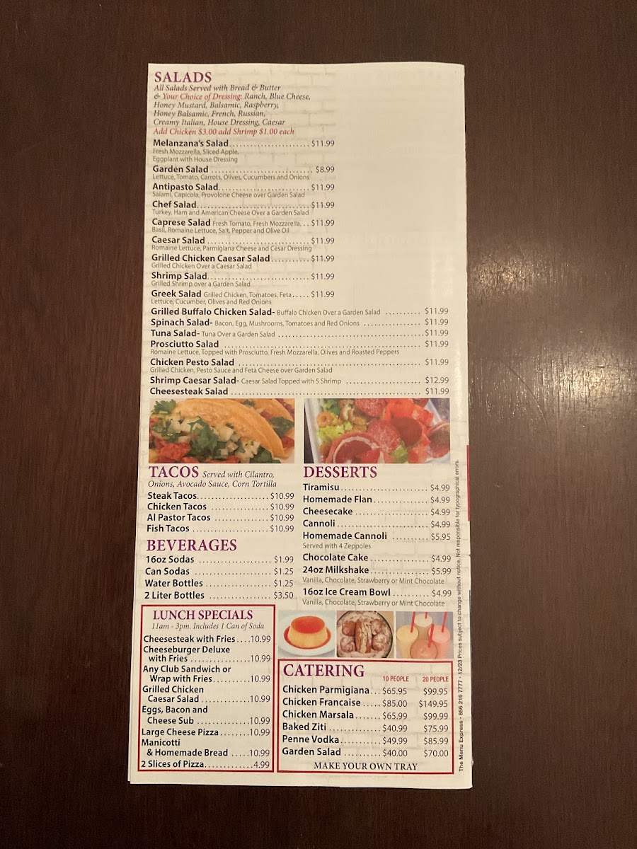 Melanzana Pizza menu board