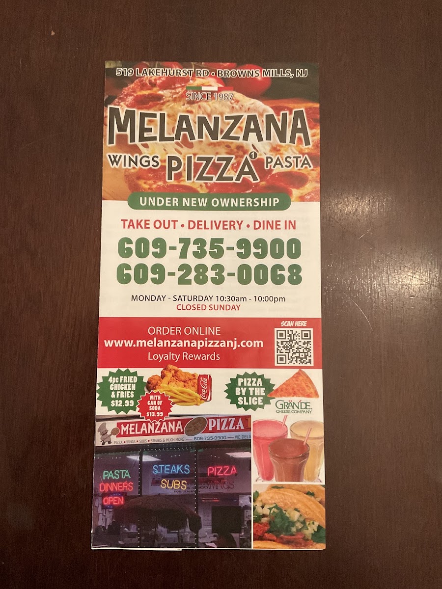 Melanzana Pizza menu board