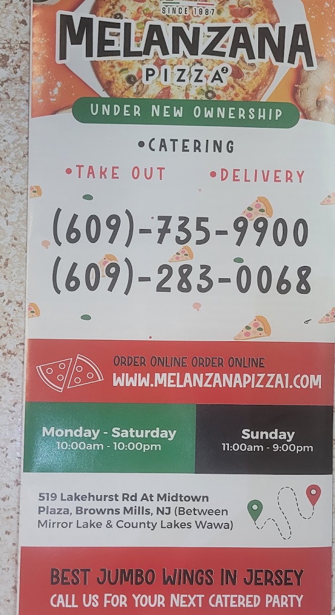 Melanzana Pizza menu board