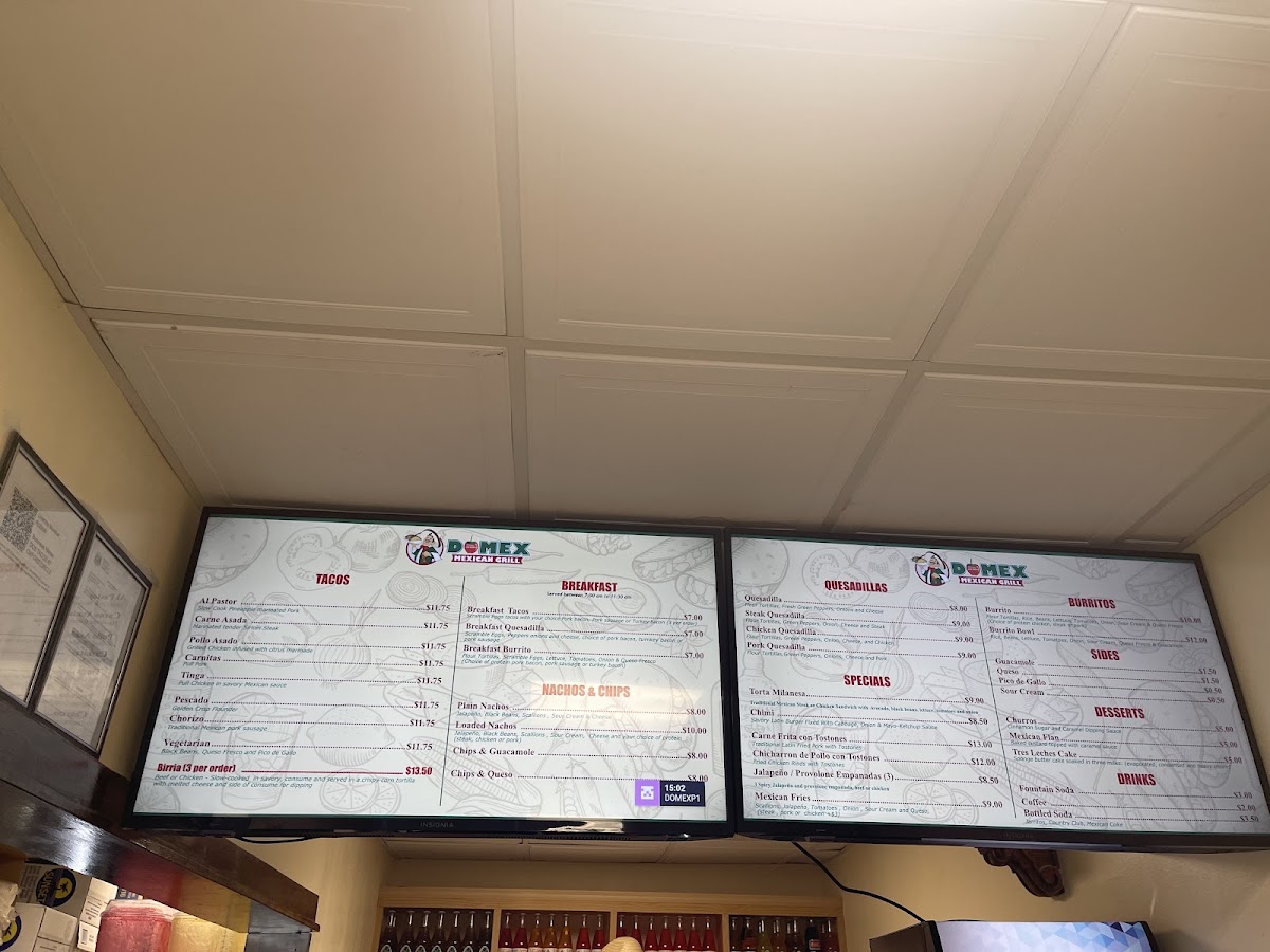 Domex Mexican Grill menu board