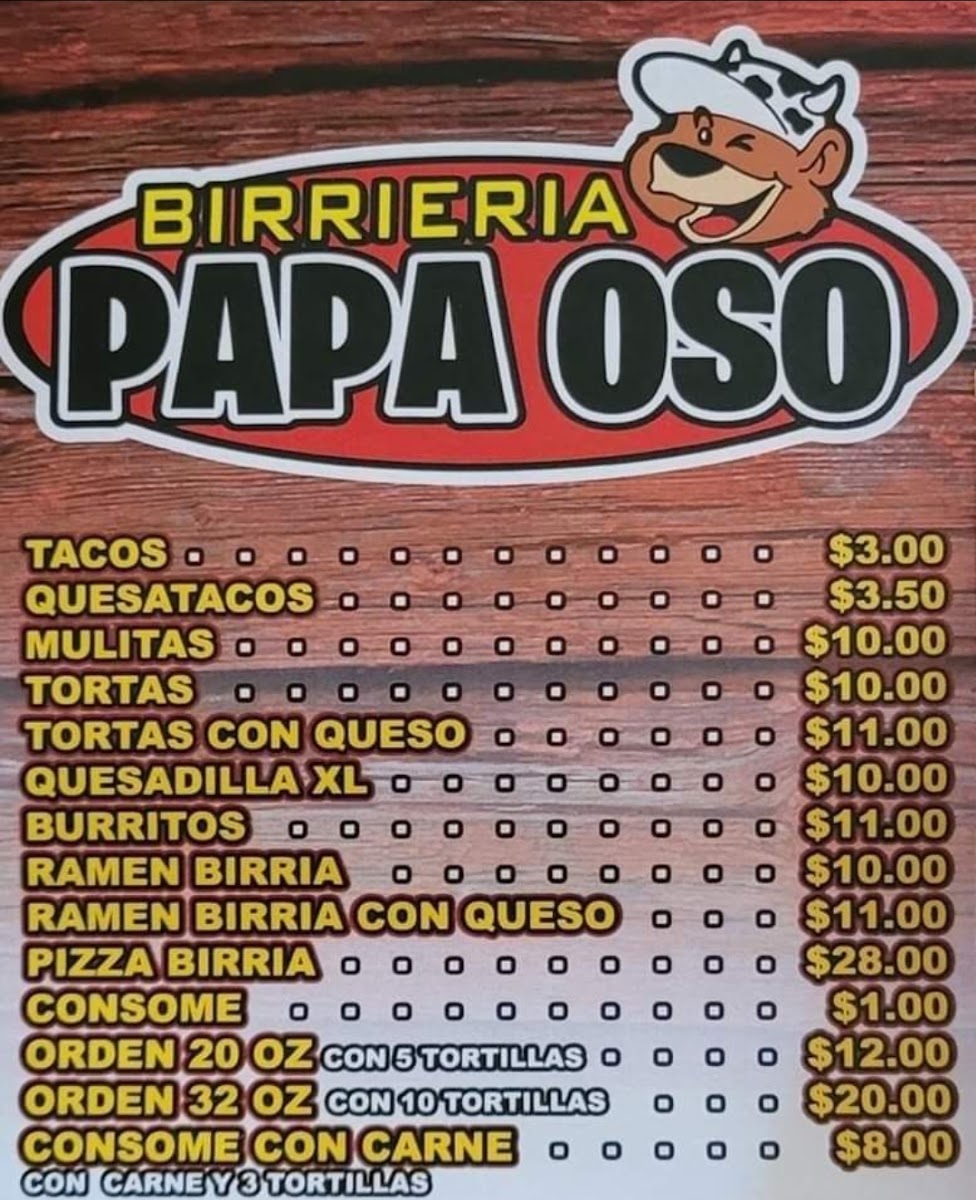 Birrieria papa oso menu board