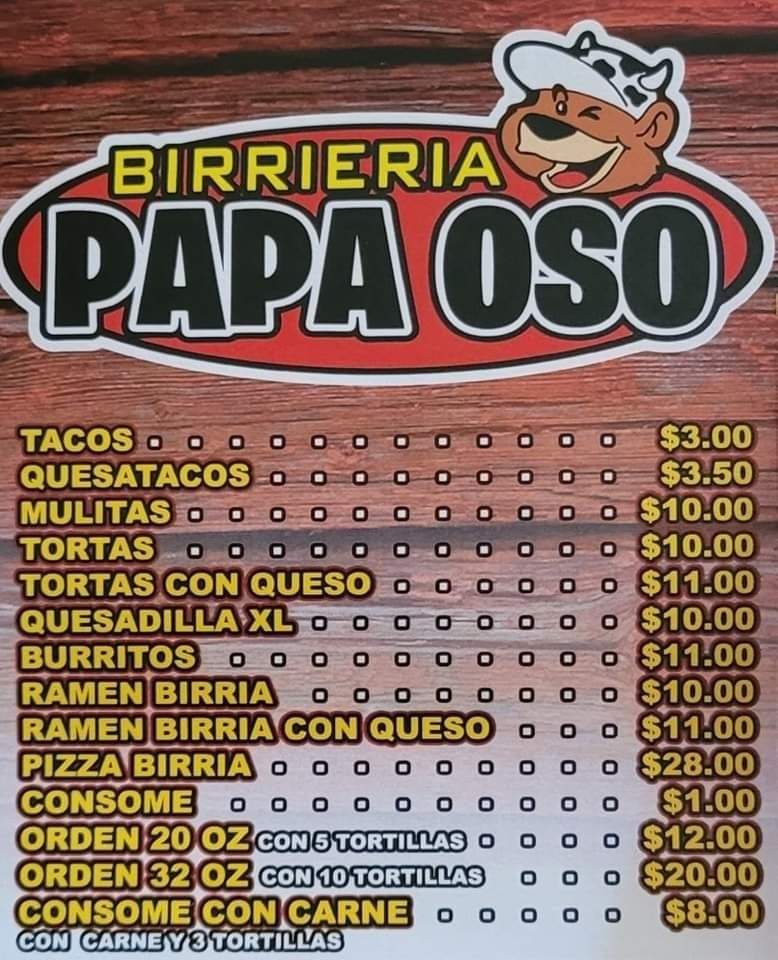 Birrieria papa oso menu board