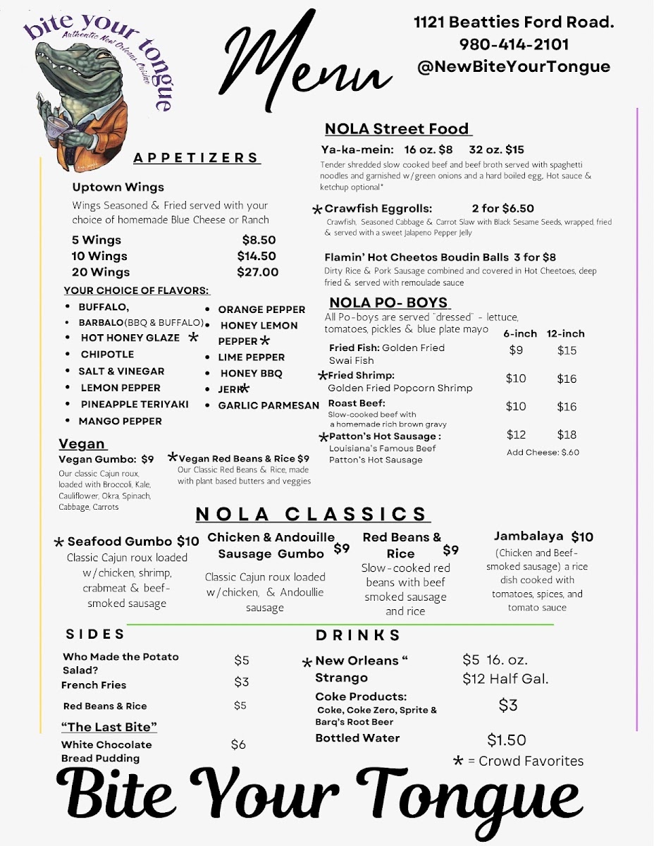 Bite Your Tongue Authentic New Orleans Cuisine menu board