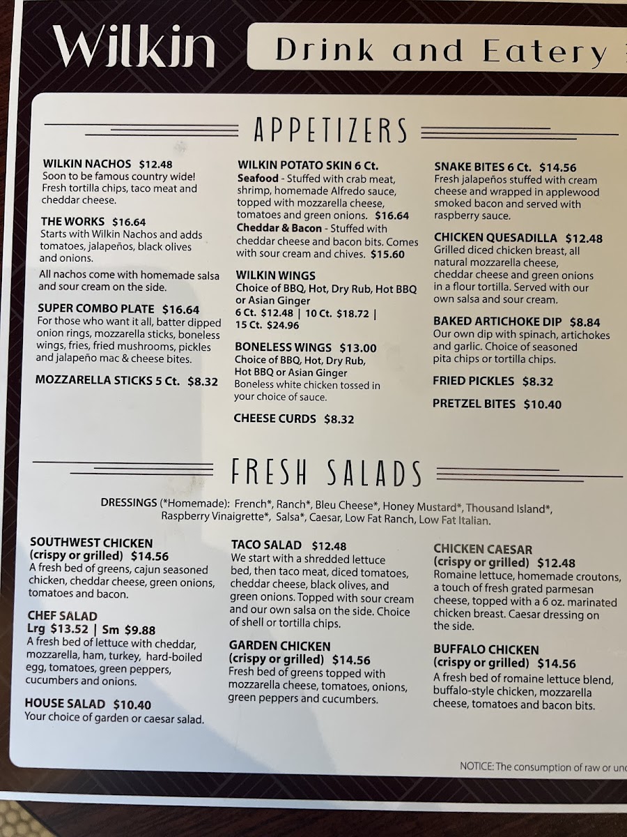 Wilkin Drink & Eatery menu board