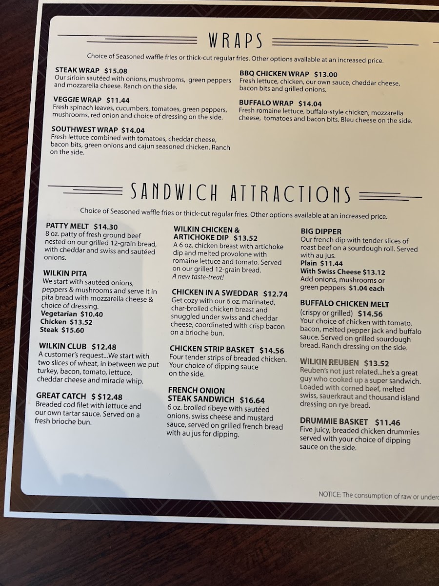 Wilkin Drink & Eatery menu board