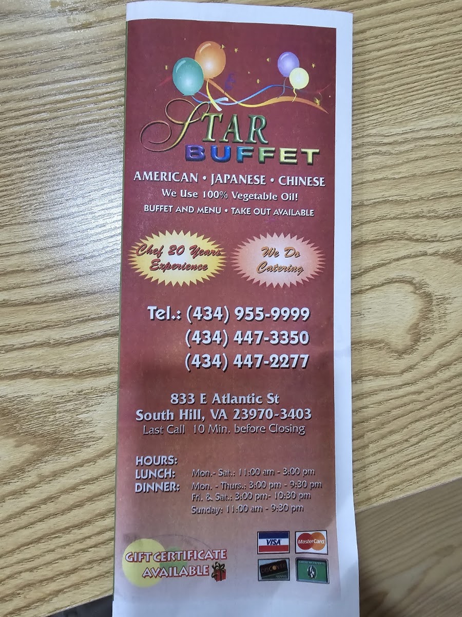 Star Buffet and Sushi Bar menu board