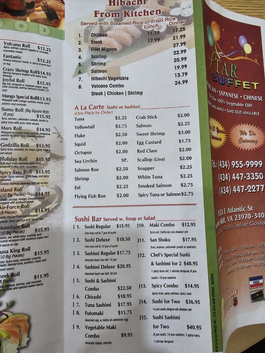 Star Buffet and Sushi Bar menu board