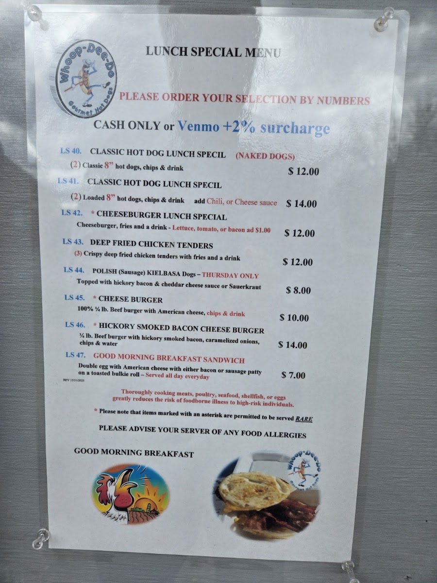 Whoop Dee Do Hot Dogs menu board