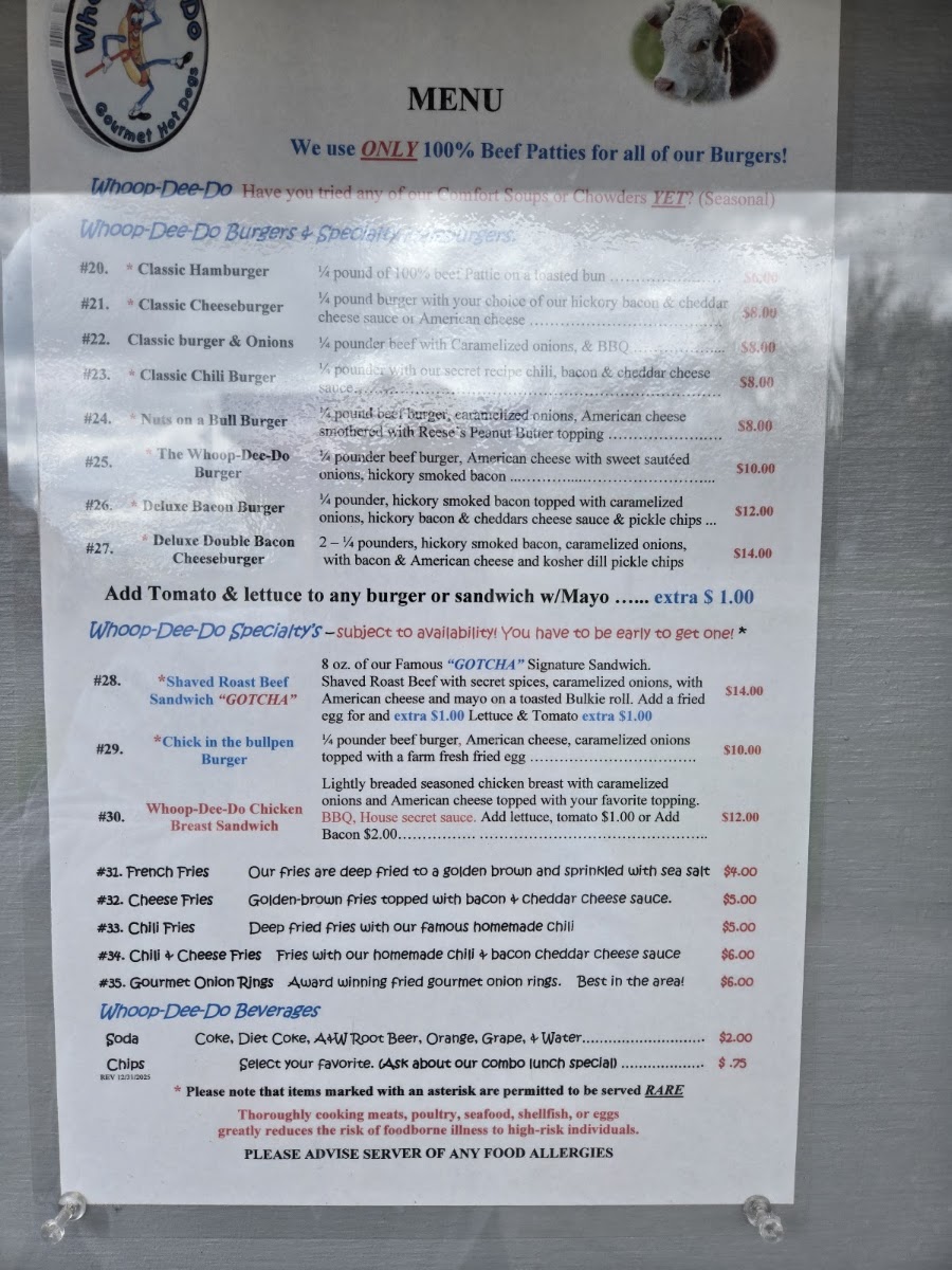 Whoop Dee Do Hot Dogs menu board