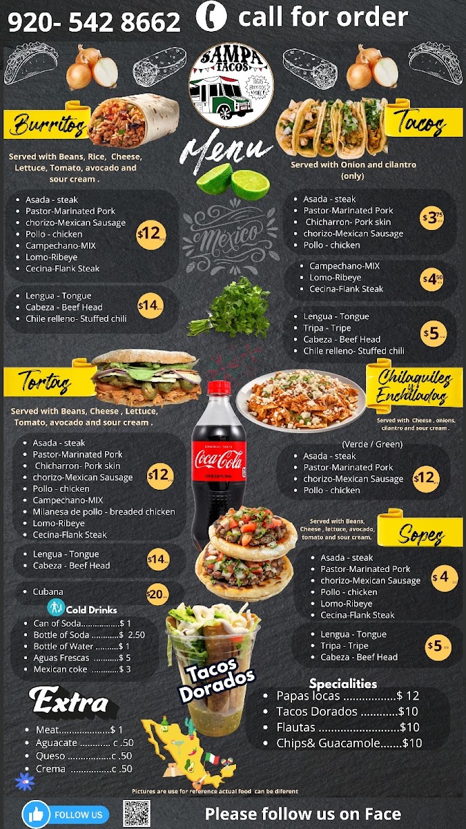 Sampa Tacos LLC menu board