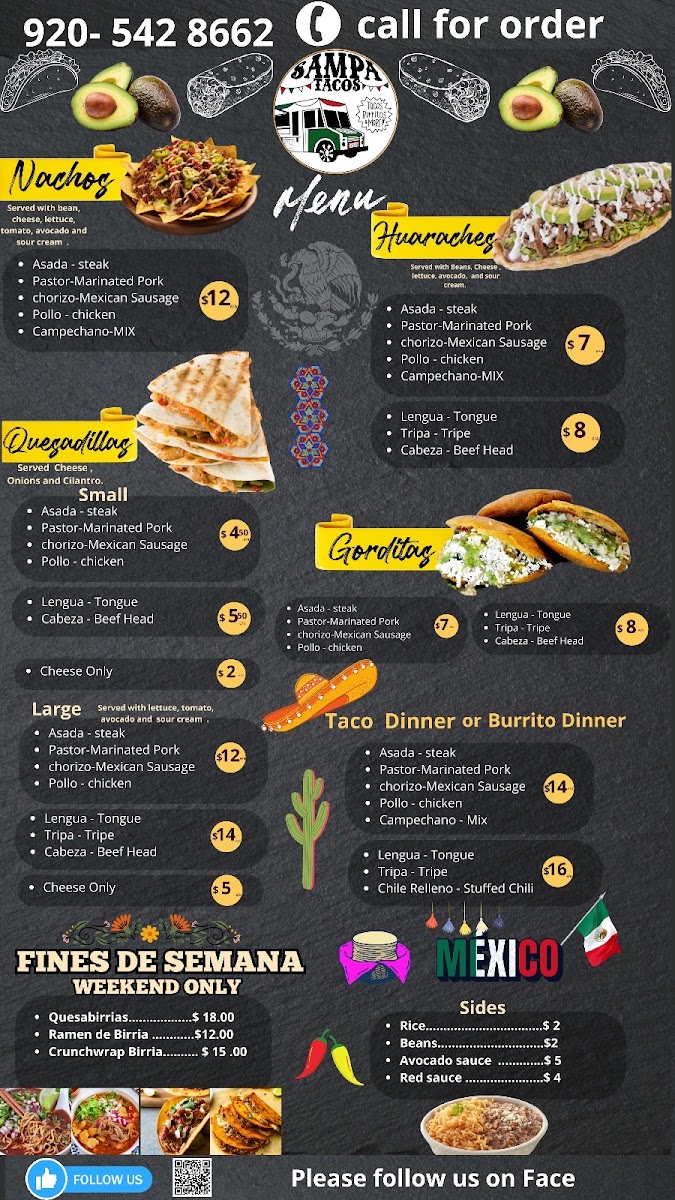 Sampa Tacos LLC menu board
