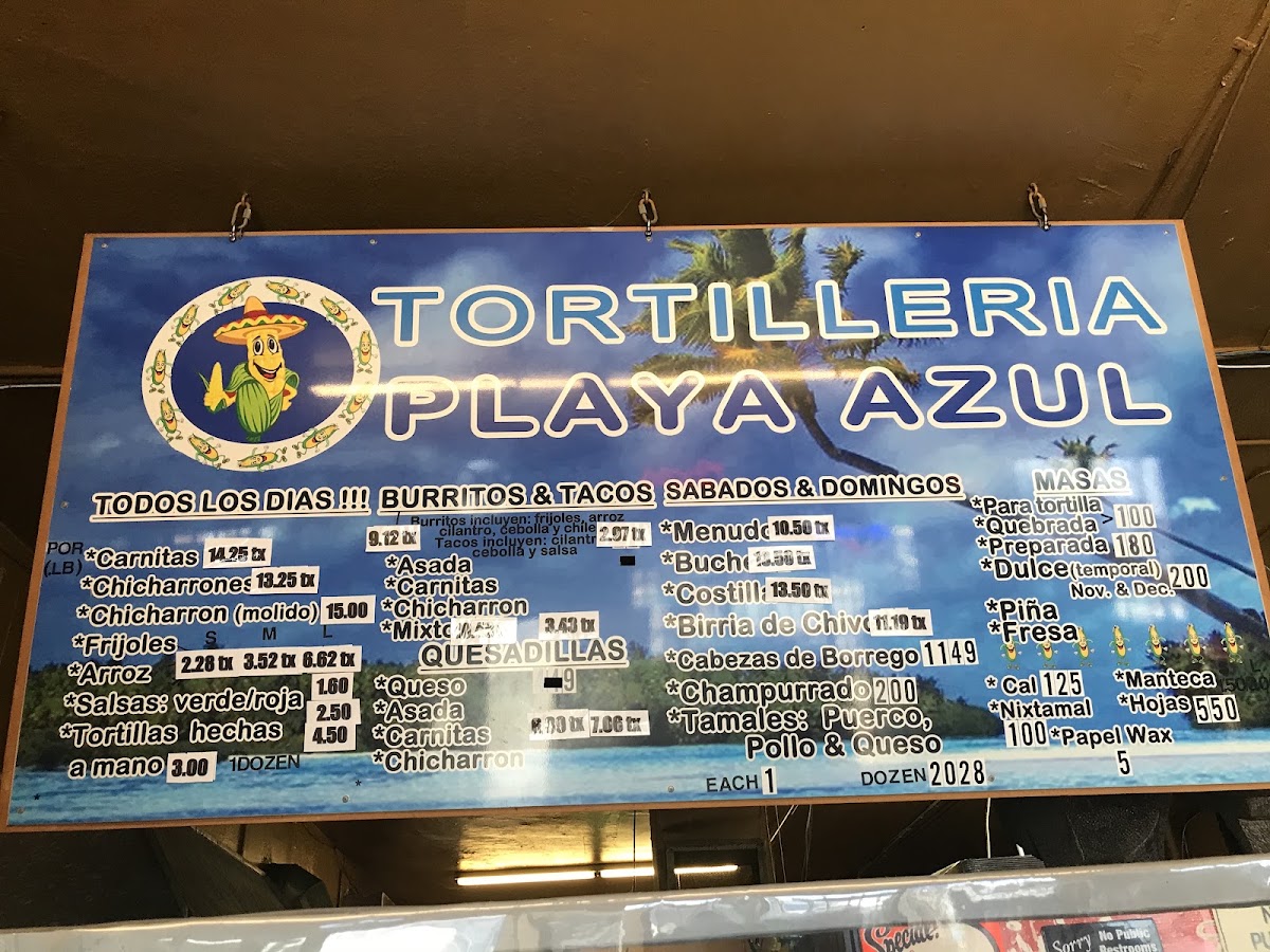 Playa Azul Tortilleria and Market menu board
