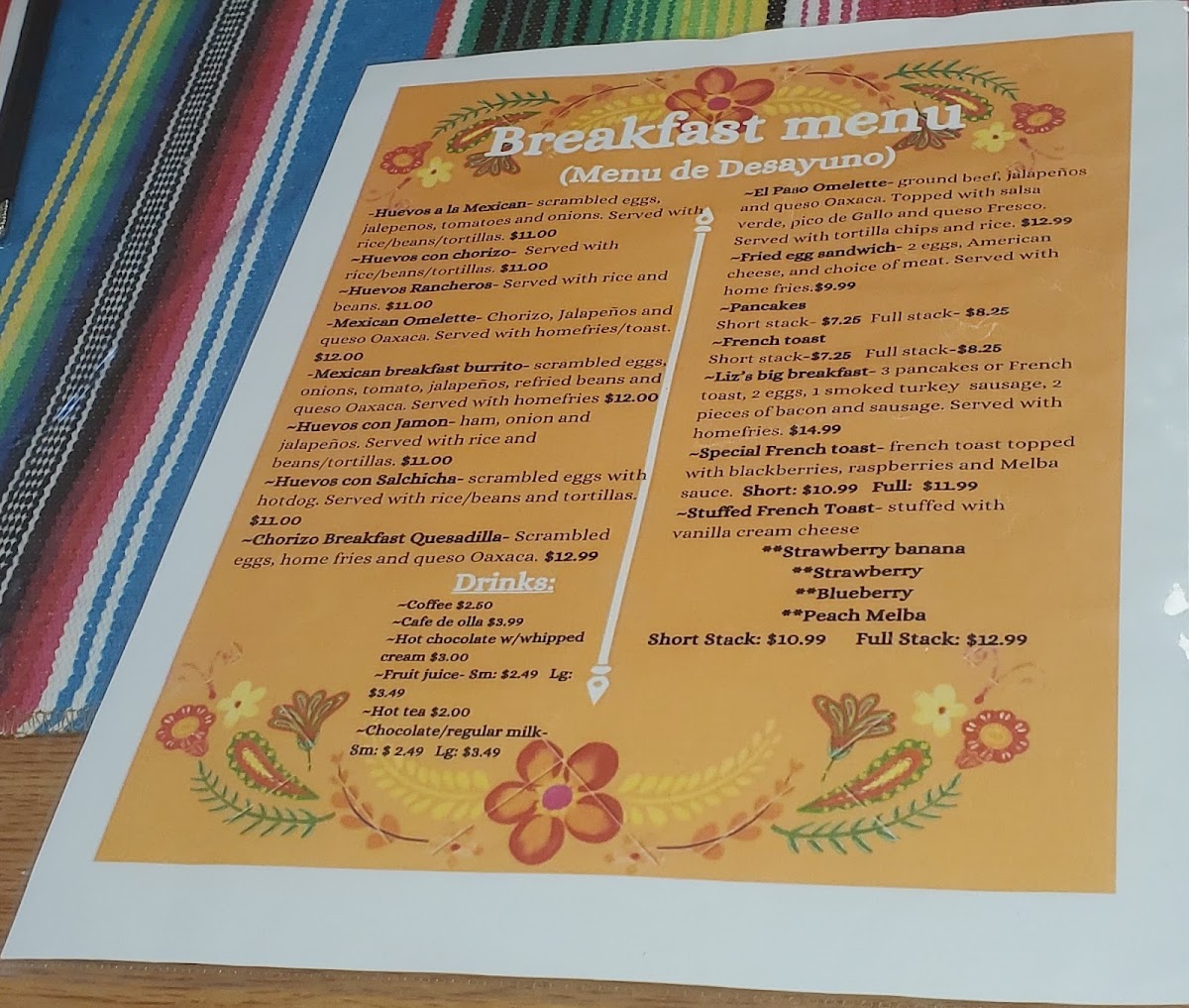 Mi Rancho Mexican Restaurant menu board