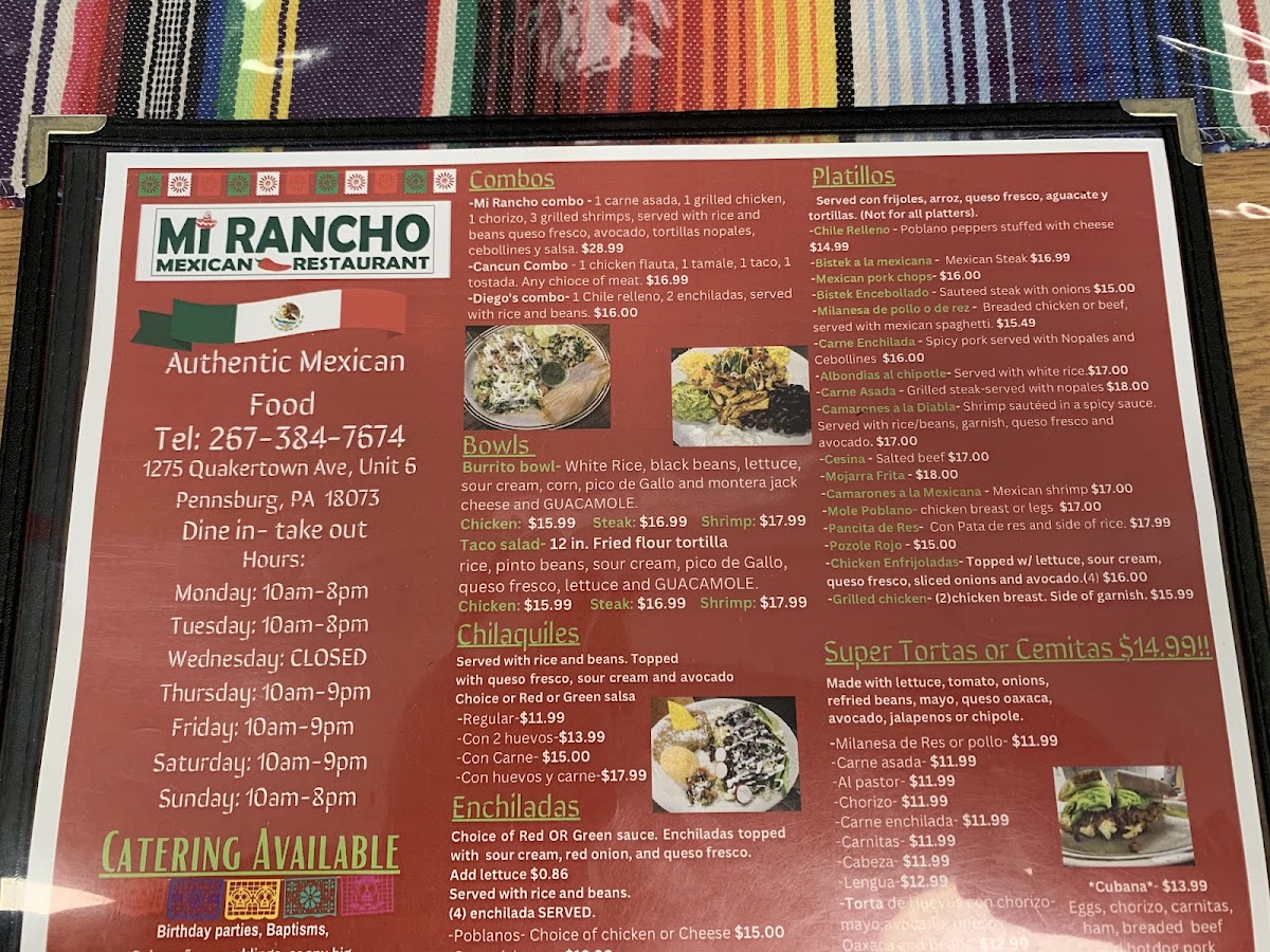 Mi Rancho Mexican Restaurant menu board