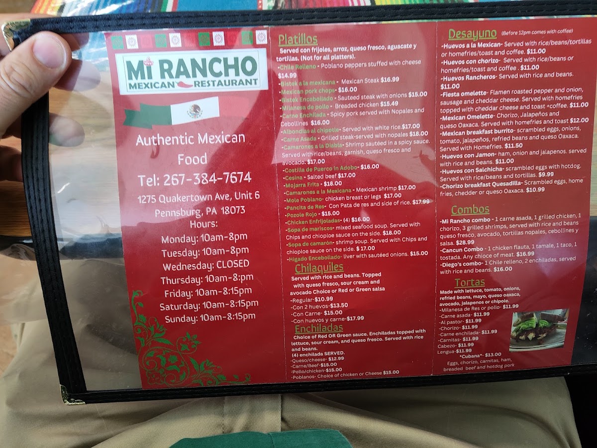 Mi Rancho Mexican Restaurant menu board