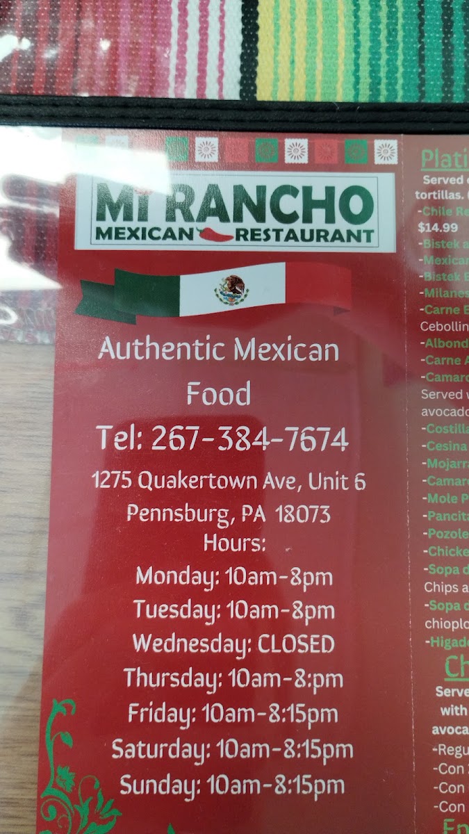 Mi Rancho Mexican Restaurant menu board