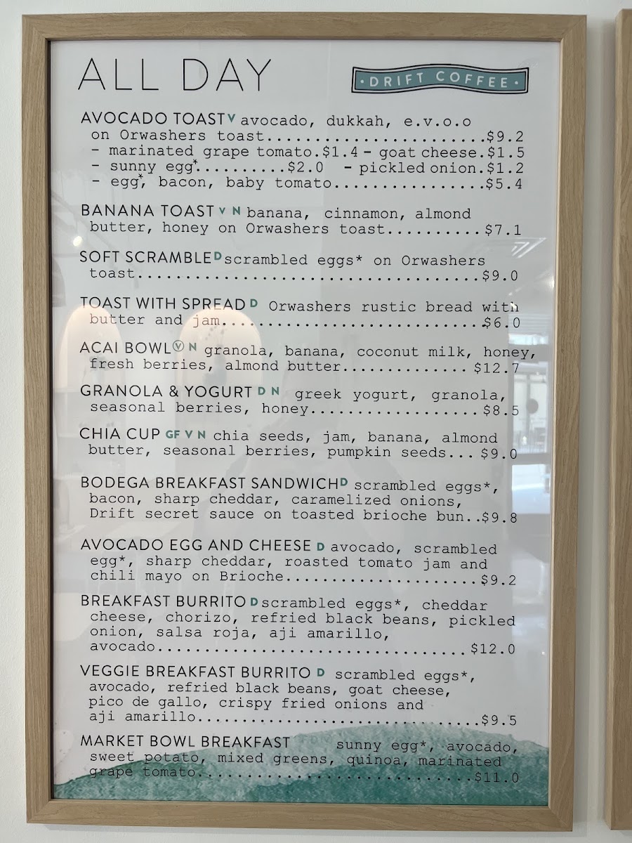 Drift Coffee Shop & Kitchen Hampstead menu board
