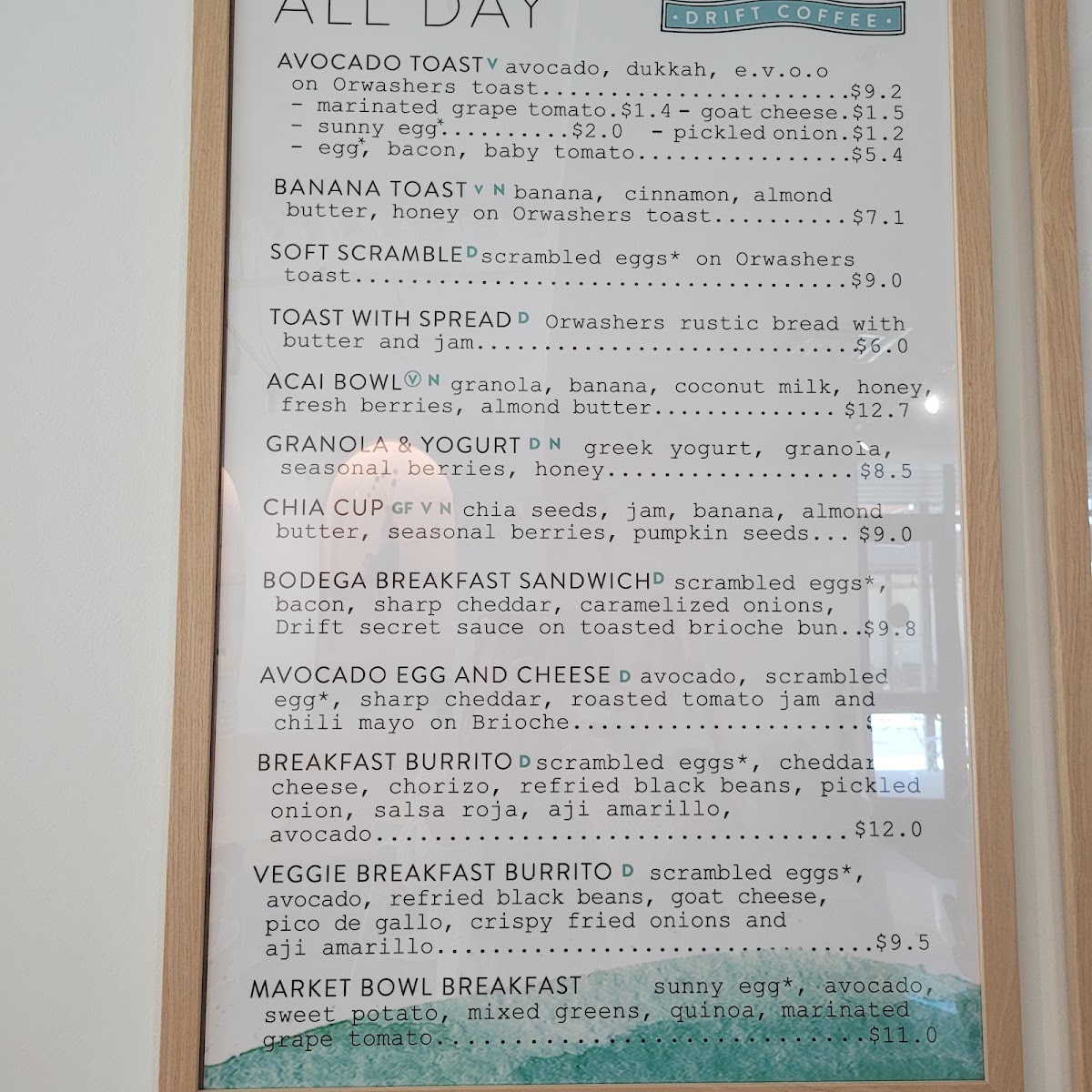Drift Coffee Shop & Kitchen Hampstead menu board