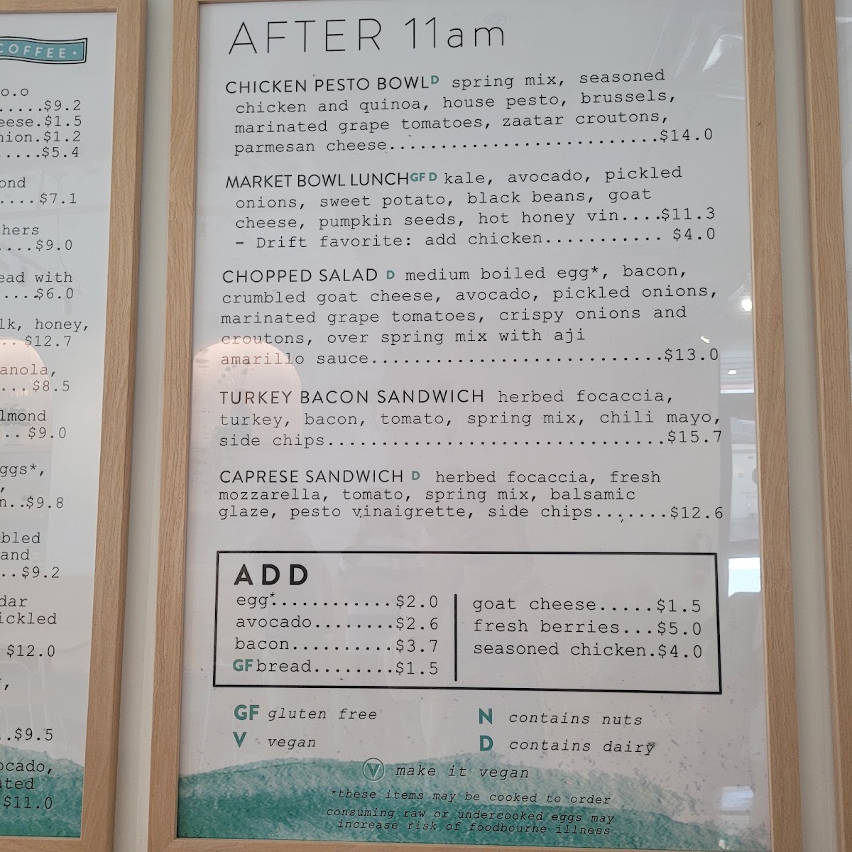 Drift Coffee Shop & Kitchen Hampstead menu board