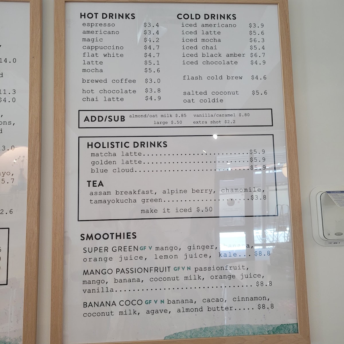 Drift Coffee Shop & Kitchen Hampstead menu board