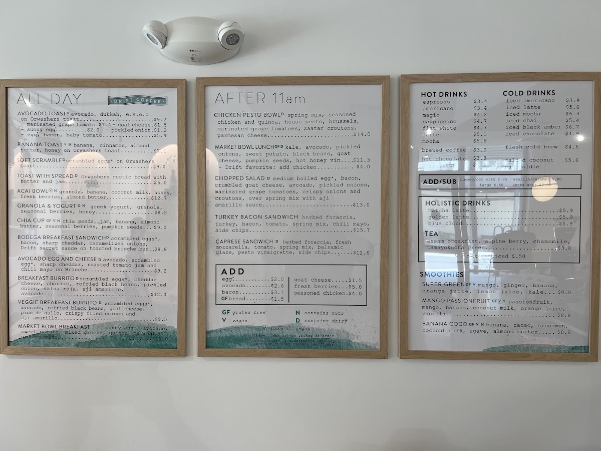 Drift Coffee Shop & Kitchen Hampstead menu board