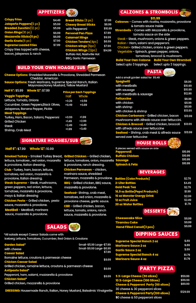Supreme Pizza And Sub menu board