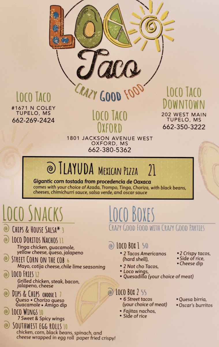 Loco Taco Oxford menu board