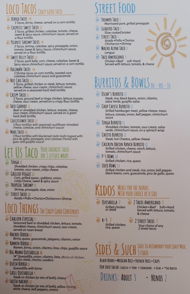 Loco Taco Oxford menu board