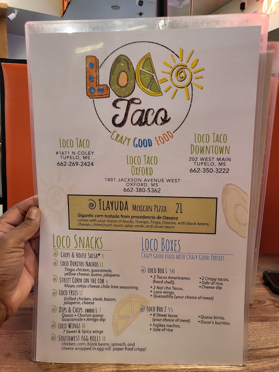 Loco Taco Oxford menu board
