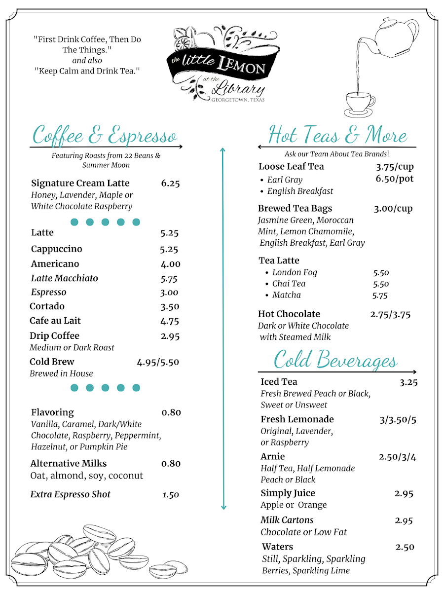 The Little Lemon at the Library menu board