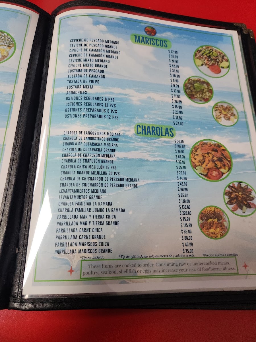 Mariscos La Ramada Estilo Nayarit Bar and Grill menu board