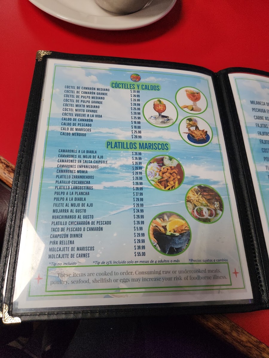 Mariscos La Ramada Estilo Nayarit Bar and Grill menu board