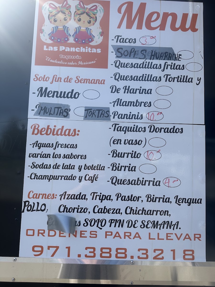 Taqueria Las Panchitas menu board