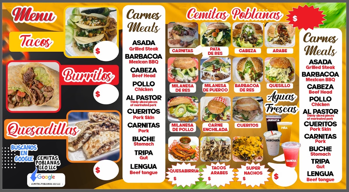 Cemitas Poblanas Leo menu board