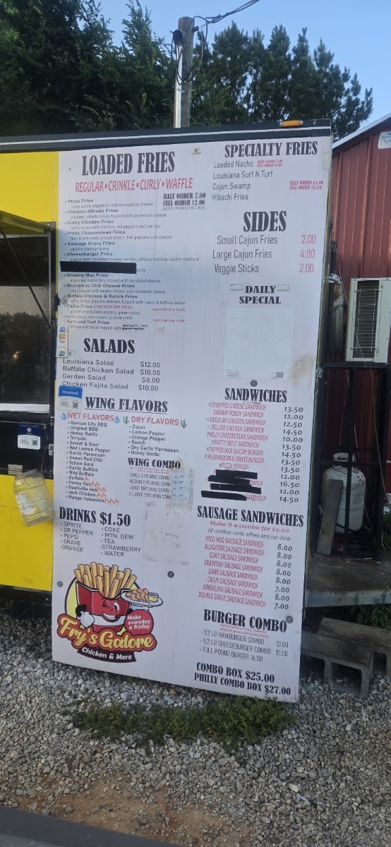 Fry's Galore Chicken & More menu board