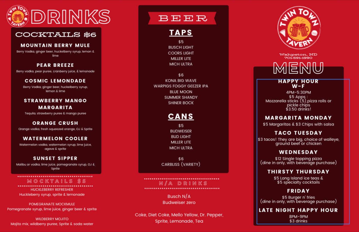 Twin Town Tavern menu board