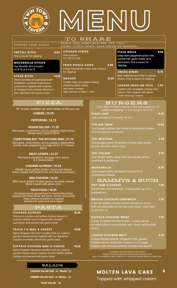 Twin Town Tavern menu board