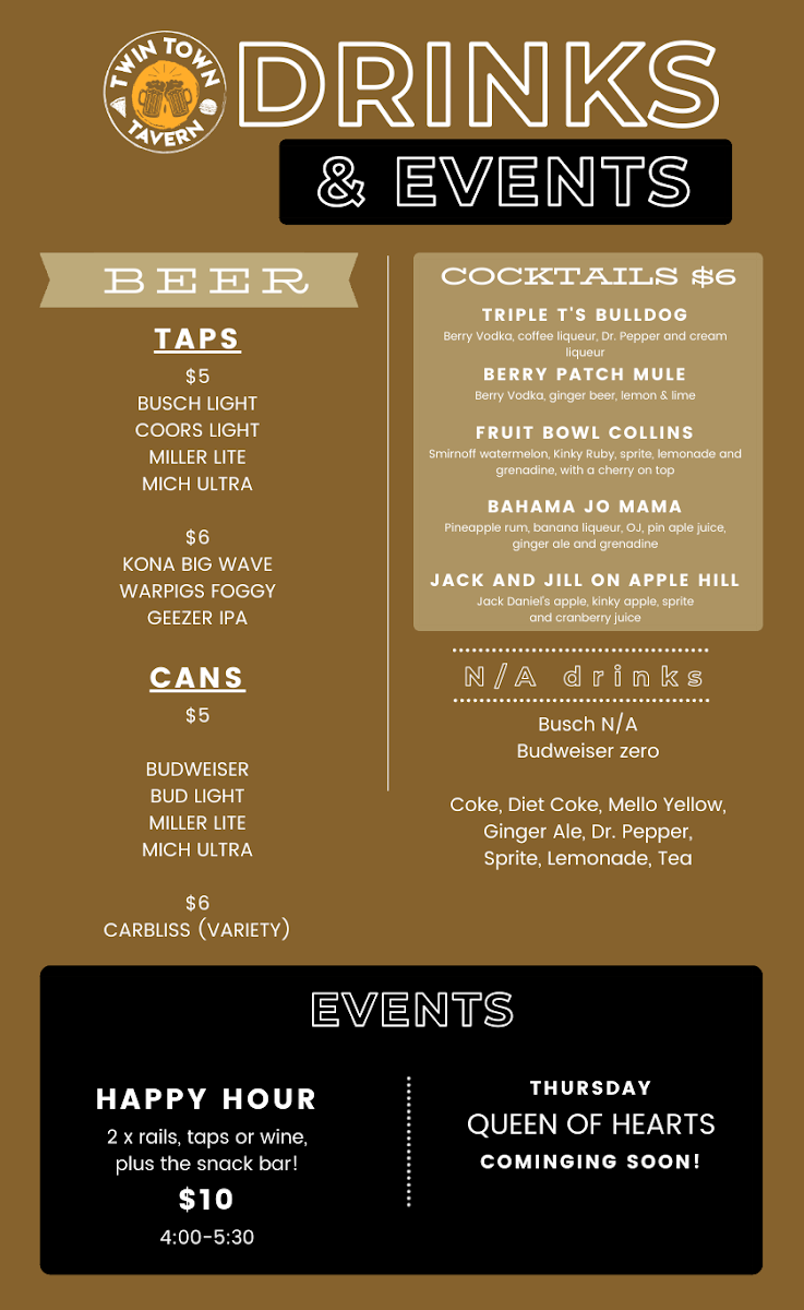 Twin Town Tavern menu board