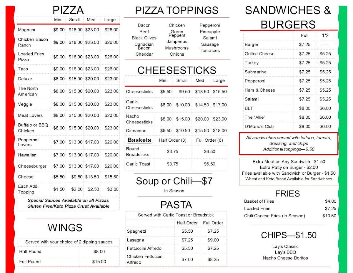 D'Mario's Pizza menu board