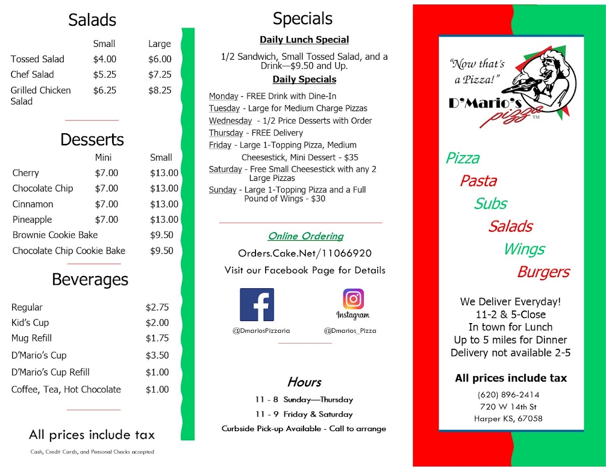 D'Mario's Pizza menu board
